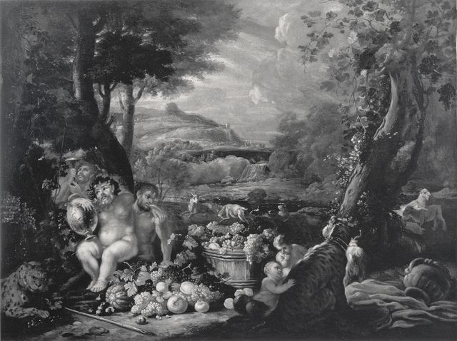 Anonimo — Brueghel Abraham e Filippo Lauri (ambito) - sec. XVII - Paesaggio con natura morta con frutta e figure — insieme